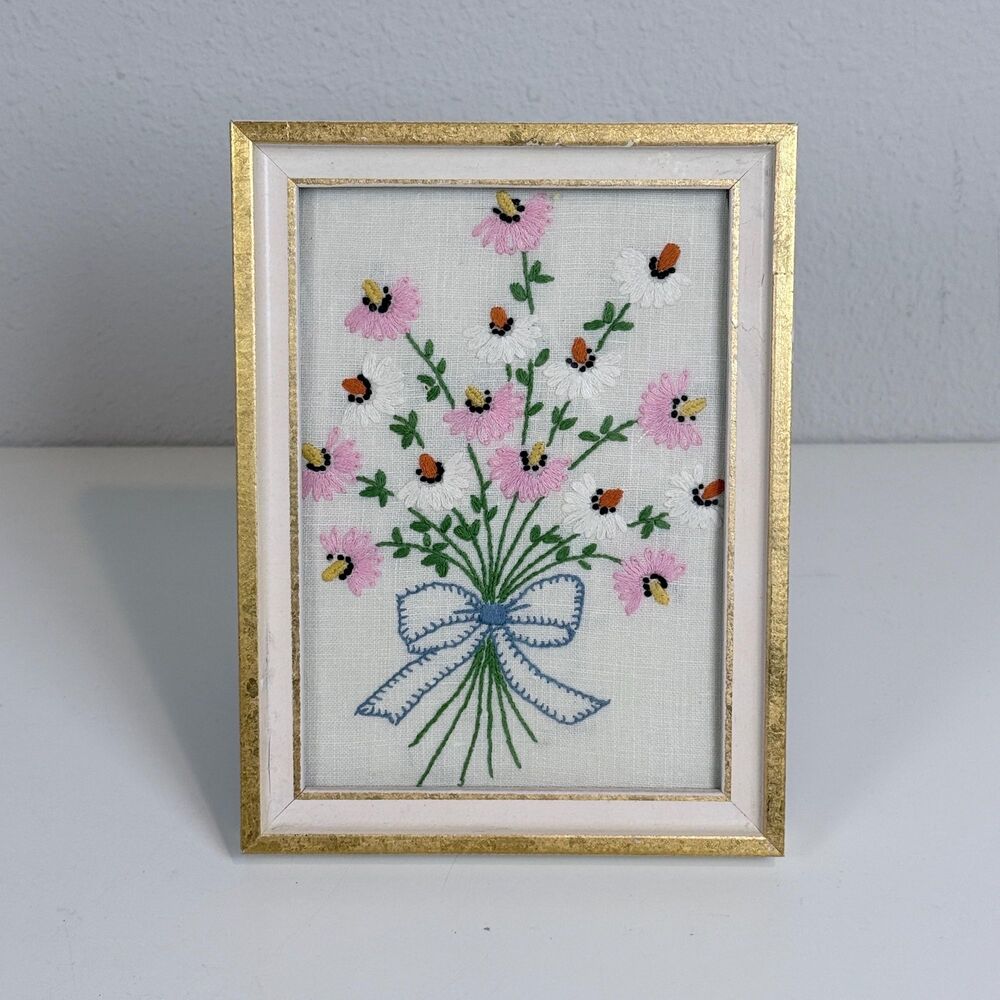 Handmade Vintage Floral Bouquet Embroidery Framed 6x8”